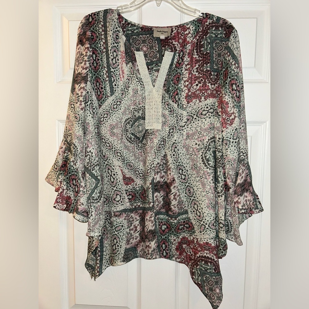 Haute Hippie Red and Gray Ruffled Bell Sleeve Top